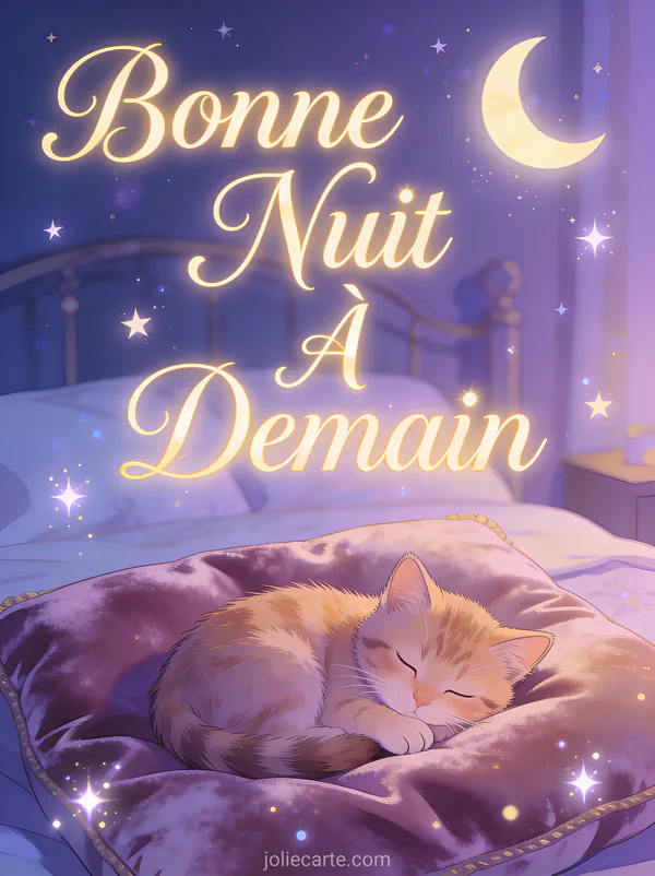Chaton endormi sur un coussin de velours avec des étoiles scintillantes et un croissant de lune texte Bonne Nuit À Demain