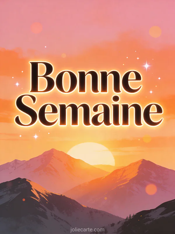 Lever de soleil sur les montagnes avec texte Bonne Semaine dans un ciel rose et orange