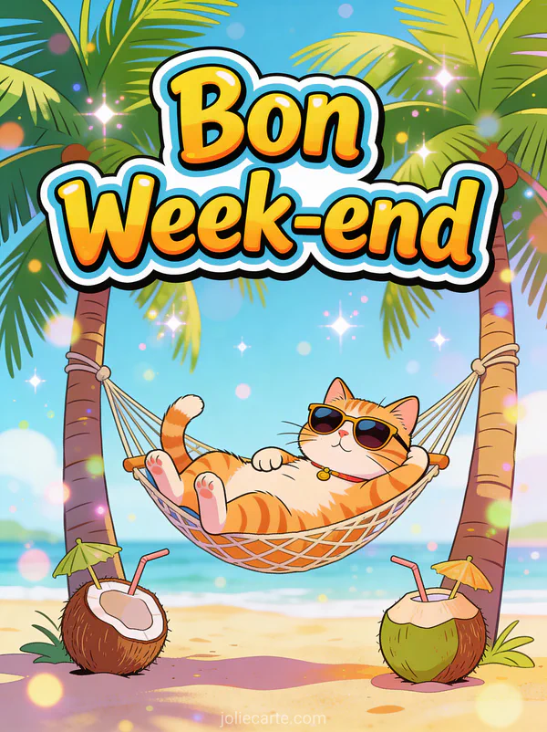 Image humoristique Bon Week-end avec un chat portant des lunettes de soleil allonge dans un hamac sur une plage tropicale
