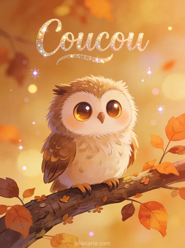 Mignon hibou aux grands yeux expressifs sur une branche automnale avec le texte Coucou