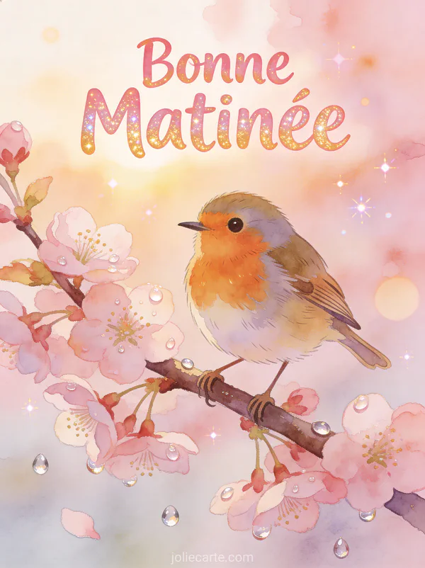 Rouge-gorge sur branche de cerisier en fleurs avec rosée matinale et texte Bonne Matinée