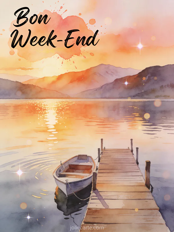 Image Bon Week-End avec texte calligraphie moderne sur fond de lac au coucher du soleil avec ponton en bois et montagnes