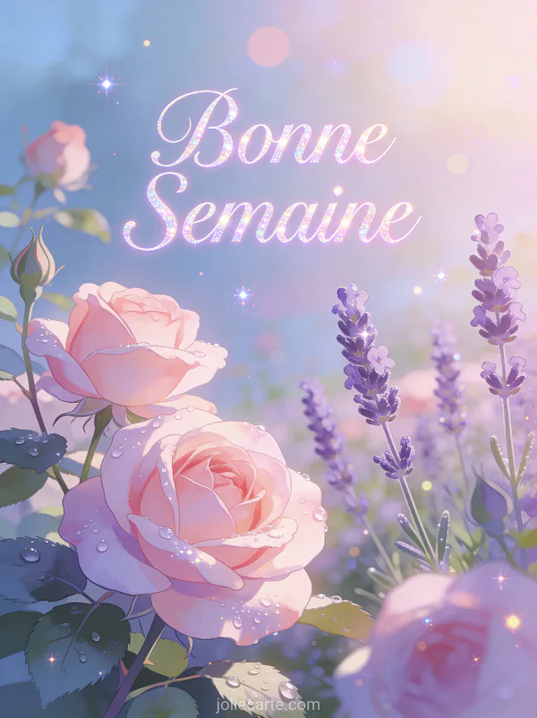 Image Bonne Semaine avec jardin paisible de roses et lavande dans la rosee du matin