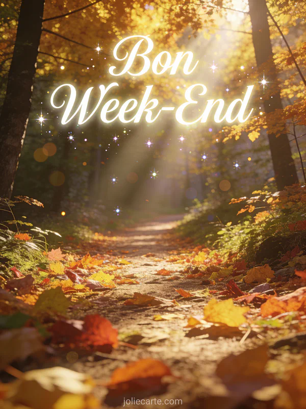 Belle image Bon Week-End avec texte blanc lumineux sur sentier forestier couvert de feuilles d'automne colorees