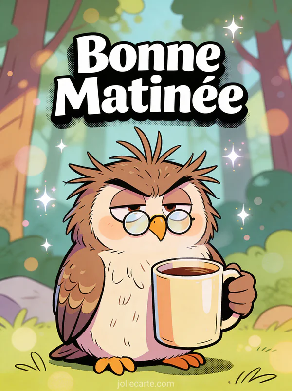 Hibou grognon avec lunettes rondes tenant une énorme tasse de café plumes en bataille texte Bonne Matinée