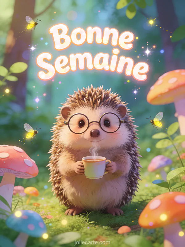 Image Bonne Semaine humoristique avec herisson mignon portant des lunettes et tenant une tasse