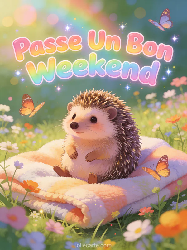 Image Passe Un Bon Weekend avec herisson mignon sur couverture dans une prairie fleurie avec papillons