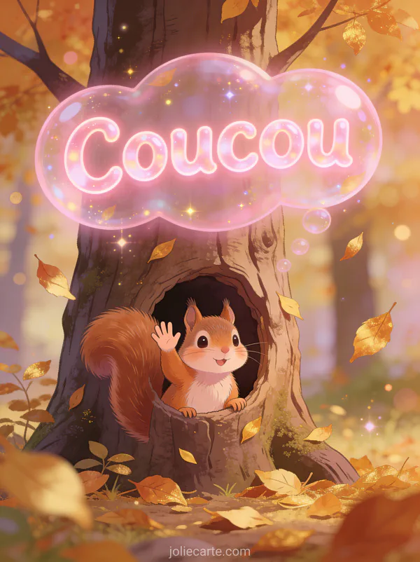 Adorable écureuil faisant signe depuis le creux d'un arbre avec feuilles dorées et le texte Coucou