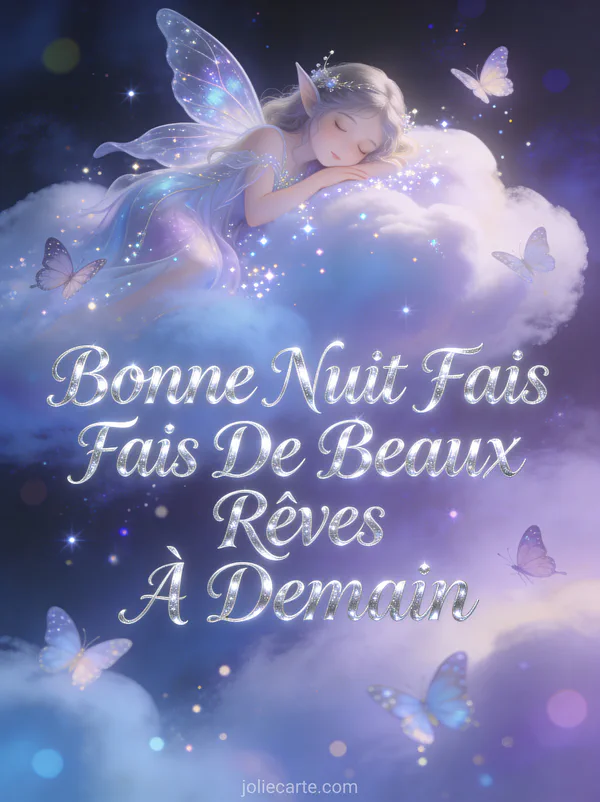Papillons et nuages féériques avec une fée endormie parmi les étoiles texte Bonne Nuit Fais De Beaux Rêves À Demain