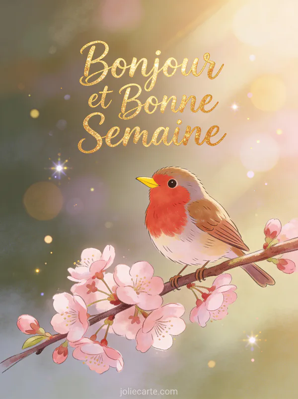 Image Bonjour et Bonne Semaine avec rouge-gorge pose sur branche de cerisier en fleurs