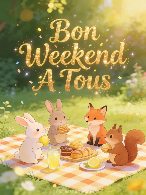Lapin renard et ecureuil en pique-nique dans un jardin ensoleille avec le texte Bon Weekend A Tous