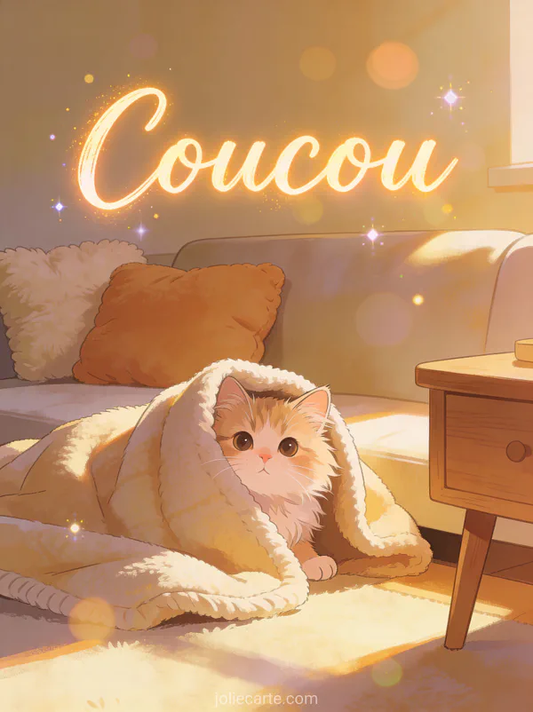 Mignon chat duveteux qui regarde depuis une couverture douillette avec le texte Coucou