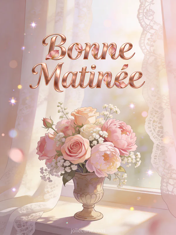 Bouquet de roses pivoines et gypsophile dans vase vintage lumière matinale douce texte Bonne Matinée