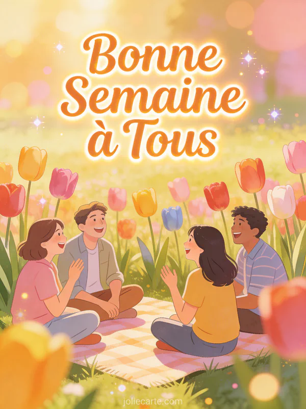 Image Bonne Semaine a Tous avec tulipes colorees dans une prairie ensoleillee