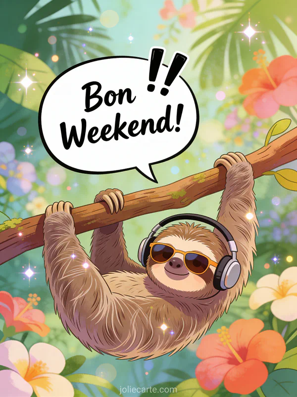 Image drole Bon Weekend avec un paresseux portant casque et lunettes de soleil suspendu a une branche dans une jungle tropicale