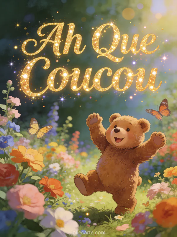 Joyeux ourson en peluche faisant signe des deux pattes dans un jardin fleuri avec le texte Ah Que Coucou