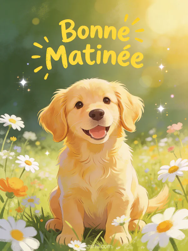 Chiot golden retriever joyeux dans prairie ensoleillée avec marguerites texte Bonne Matinée