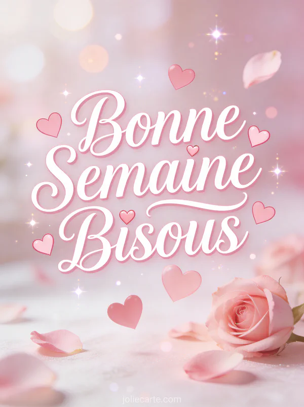 Image Bonne Semaine Bisous avec coeurs roses flottants et petales de rose