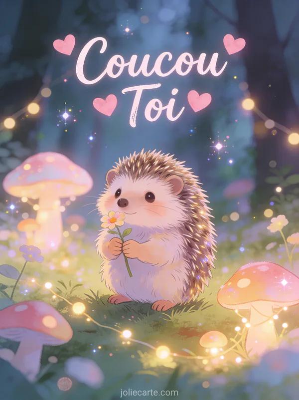 Mignon hérisson tenant une petite fleur dans une clairière magique avec champignons et le texte Coucou Toi