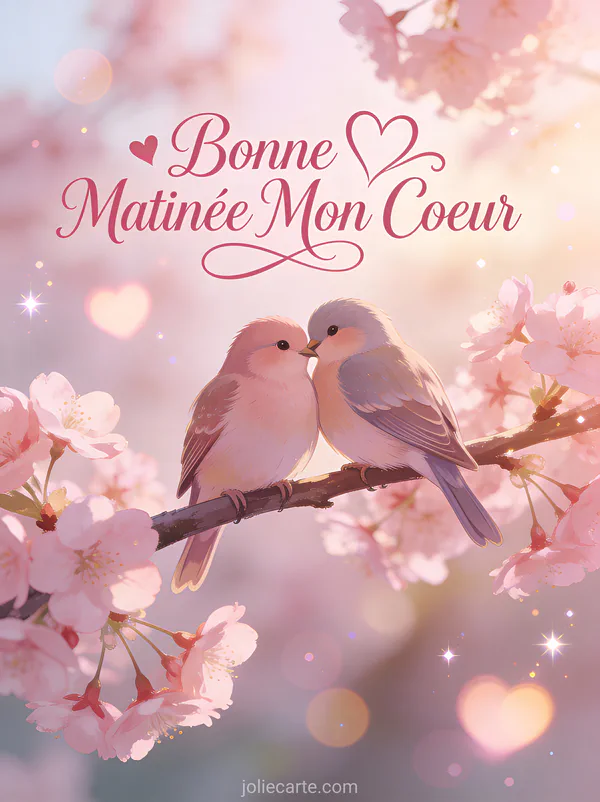 Deux inséparables blottis sur branche de cerisier en fleurs avec coeurs en bokeh texte Bonne Matinée Mon Coeur