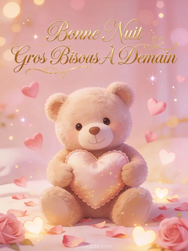 Ours en peluche tenant un coussin coeur avec des pétales de rose et coeurs flottants texte Bonne Nuit Gros Bisous À Demain