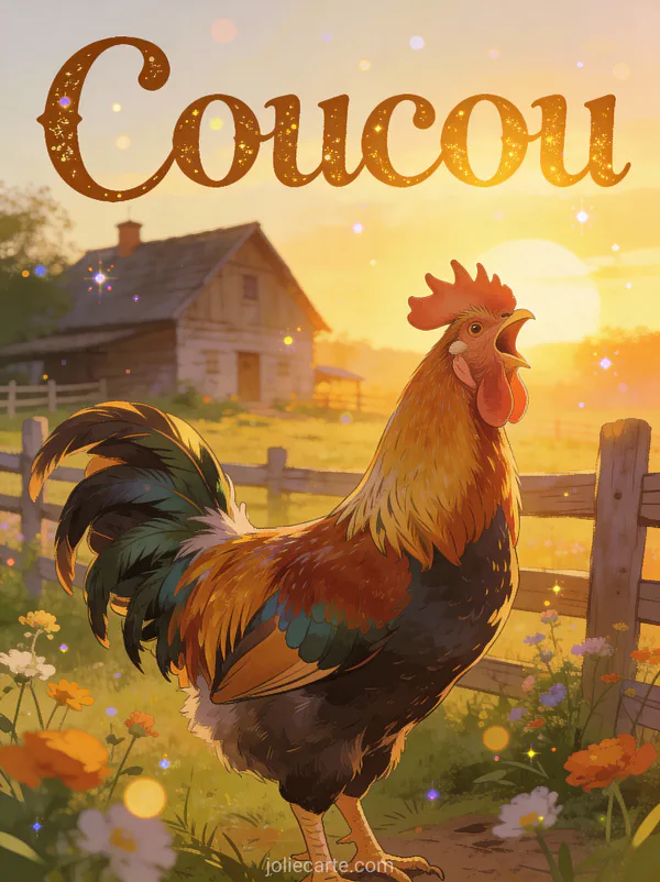 Fier coq aux plumes colorées chantant à l'aube dans la campagne avec fleurs sauvages et le texte Coucou