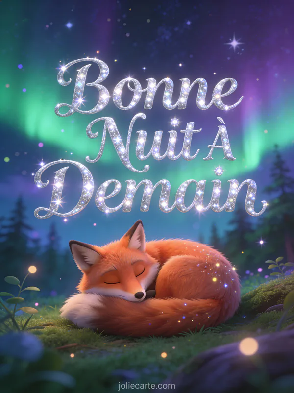 Renard endormi sous un ciel étoilé avec aurores boréales vertes et violettes texte Bonne Nuit À Demain