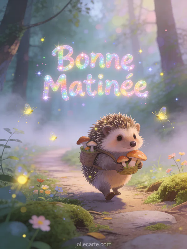 Hérisson mignon portant des champignons dans forêt enchantée avec brume et lucioles texte Bonne Matinée