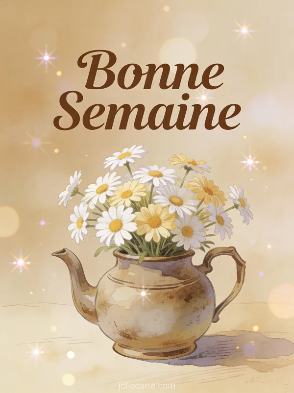 Image Bonne Semaine vintage avec theiere ancienne et marguerites fraiches