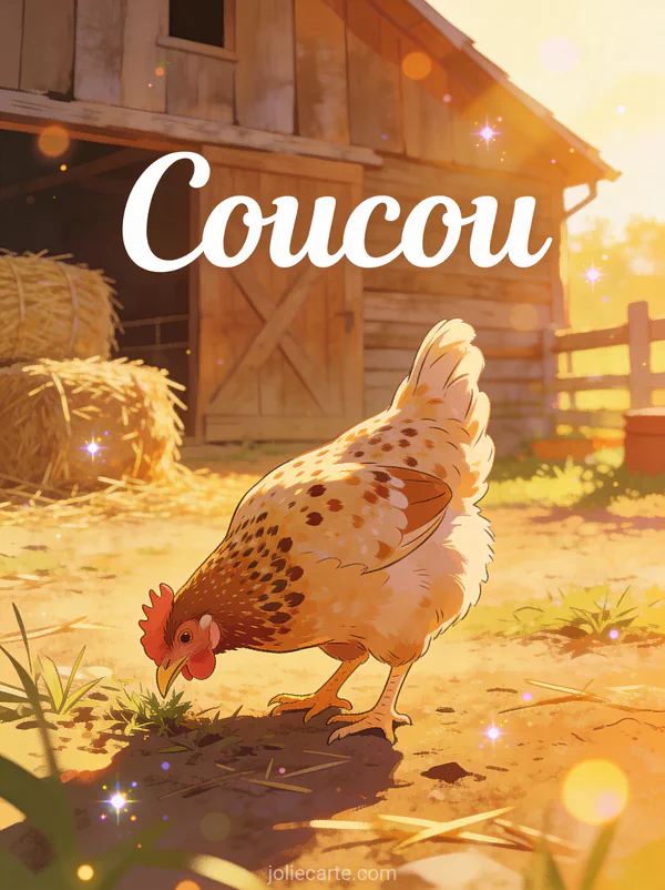 Sympathique poule tachetée dans une cour de ferme ensoleillée avec grange et le texte Coucou