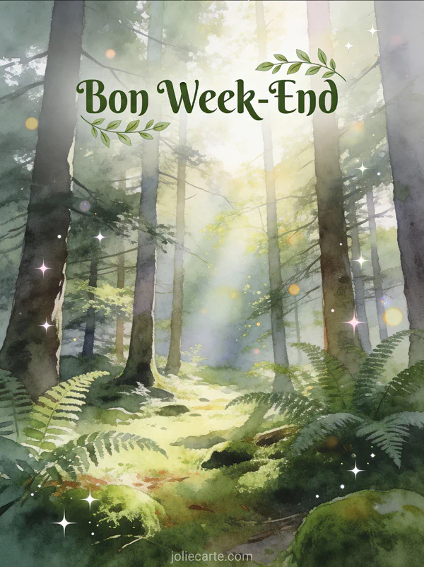 Image Bon Week-End Nature avec texte vert aquarelle dans une clairiere forestiere baignee de rayons de soleil