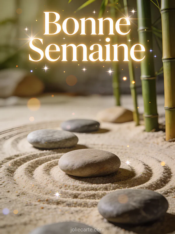 Image Bonne Semaine zen avec jardin de pierres lisses et bambou