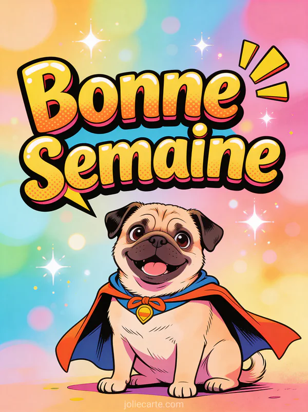 Image Bonne Semaine humoristique avec carlin portant une cape de super-heros