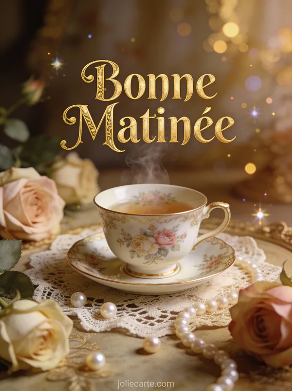 Tasse de thé fleurie fumante sur napperon dentelle avec roses vintage et perles texte Bonne Matinée