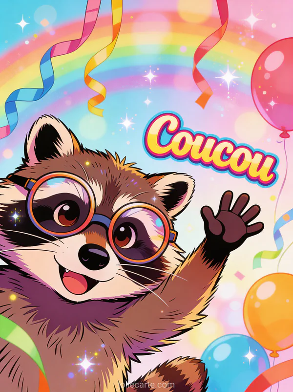 Raton laveur hilare avec grandes lunettes faisant signe parmi confettis et ballons avec le texte Coucou