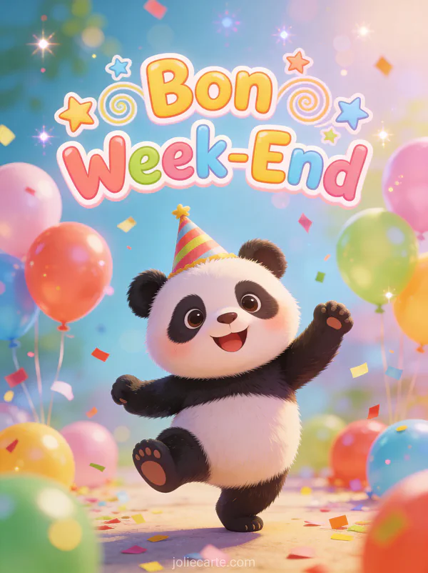 Image humoristique Bon Week-End avec panda portant un chapeau de fete dansant parmi ballons et confettis