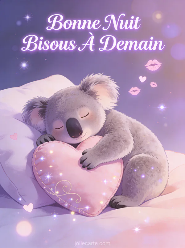 Koala endormi serrant un coussin en forme de coeur avec des bisous et coeurs flottants texte Bonne Nuit Bisous À Demain