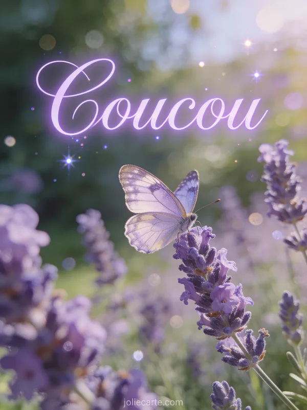 Élégant papillon posé sur une fleur de lavande dans un jardin provençal avec le texte Coucou