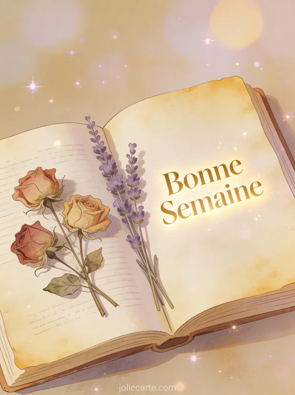 Image citation Bonne Semaine avec livre vintage et fleurs sechees pressees