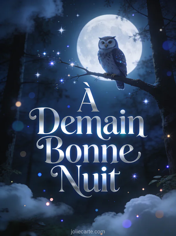 Hibou paisible perché sur une branche sous la pleine lune avec des étoiles scintillantes texte À Demain Bonne Nuit