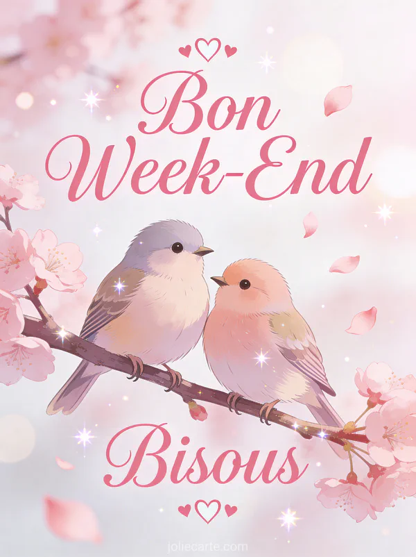 Image Bon Week-End Bisous avec texte rose romantique et couple d'oiseaux sur branche de cerisier en fleurs