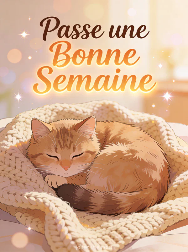 Image Passe une Bonne Semaine avec chat blotti sur couverture tricotee