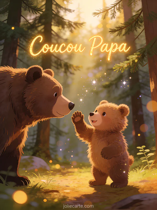 Adorable ourson faisant signe dans une forêt de pins ensoleillée avec le texte Coucou Papa