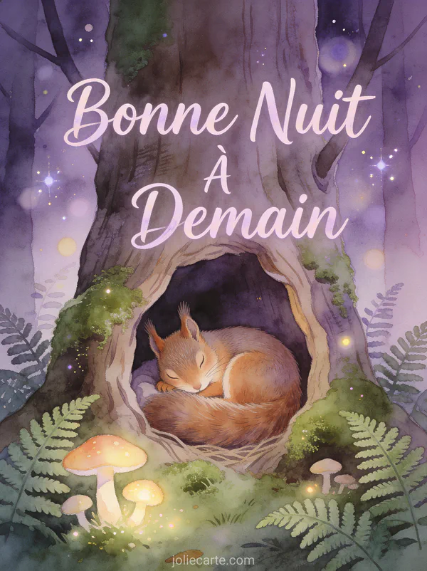 Écureuil endormi dans un creux d'arbre avec des champignons lumineux et fougères texte Bonne Nuit À Demain