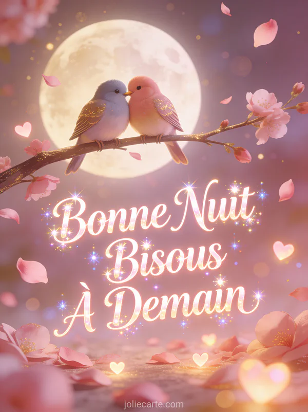 Deux oiseaux amoureux sur une branche au clair de lune avec des coeurs et pétales flottants texte Bonne Nuit Bisous À Demain