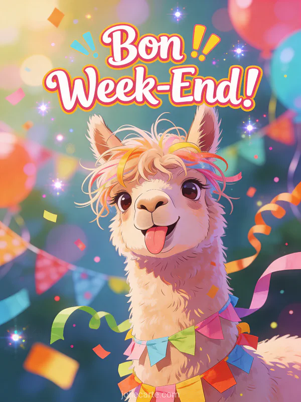 Image Bon Week-End Rigolo avec texte ondulant et lama avec coiffure en bataille tirant la langue parmi les confettis