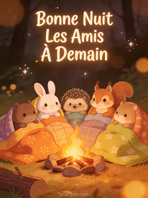 Groupe d'animaux mignons avec des couvertures autour d'un feu de camp texte Bonne Nuit Les Amis À Demain
