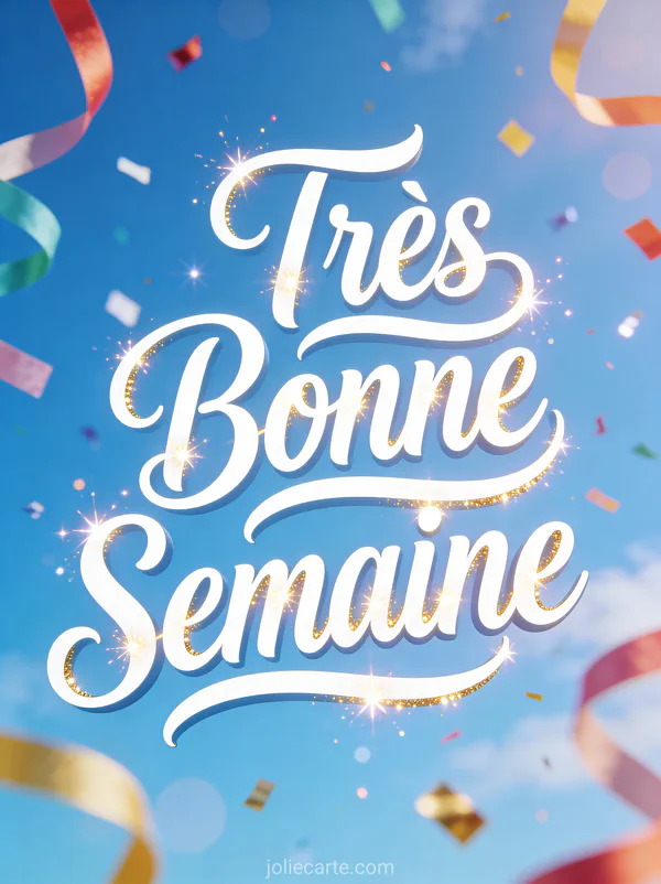 Image Tres Bonne Semaine avec confettis et serpentins colores sur ciel bleu