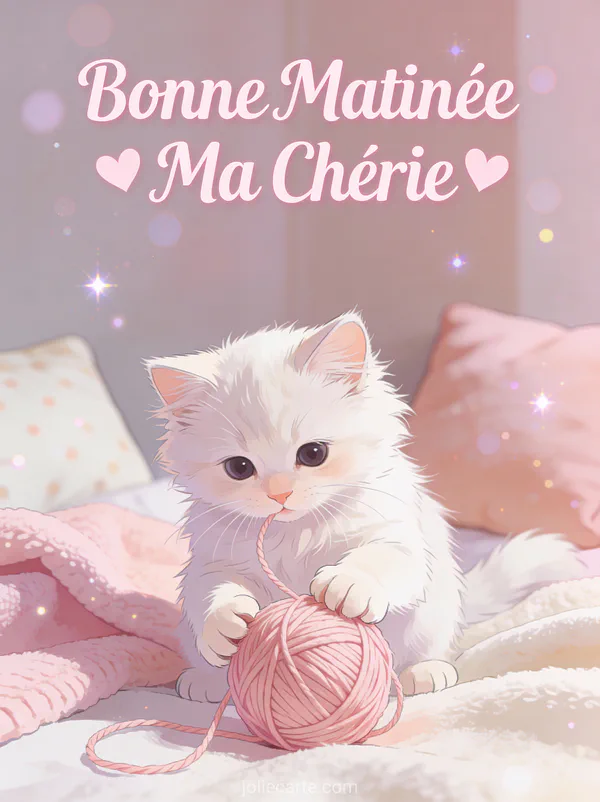 Chaton blanc jouant avec pelote de laine rose sur coussins pastel texte Bonne Matinée Ma Chérie