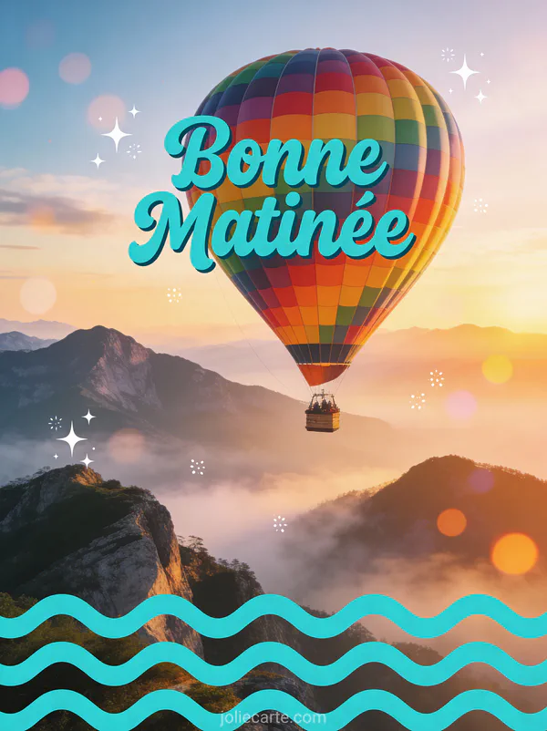 Montgolfière colorée flottant au-dessus de montagnes brumeuses au lever du soleil texte Bonne Matinée